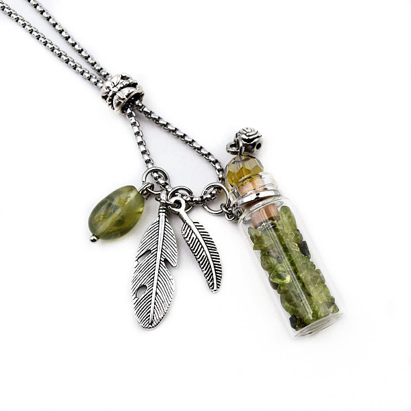 

PandaHall Natural Peridot Chips Perfume Bottle Pendant Necklace, with Stainless Steel Feather and Random Shapes Gemstone Pendants, Essential...