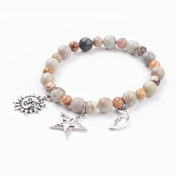 

PandaHall Natural Polychrome Jasper/Picasso Stone/Picasso Jasper & Crazy Agate Charm Bracelets, with Tibetan Style Pendants, Sun & Star &...