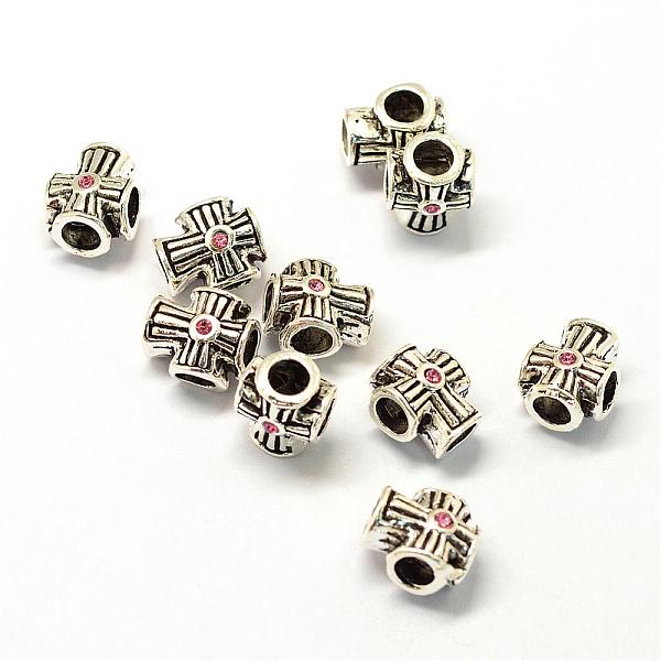 

PandaHall Alloy Rhinestones European Beads, Large Hole Beads, Cross, Antique Silver, Light Rose, 12x10x9.5mm, Hole: 4.5mm Alloy Cross Pink