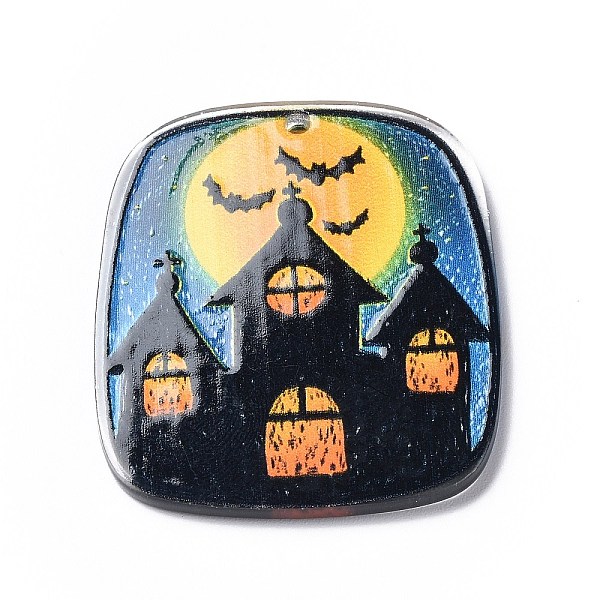 PandaHall Halloween Theme Opaque Printed Acrylic Pendants, Trapezoid Charms, House, 42x36x2mm, Hole: 2mm Acrylic House Black