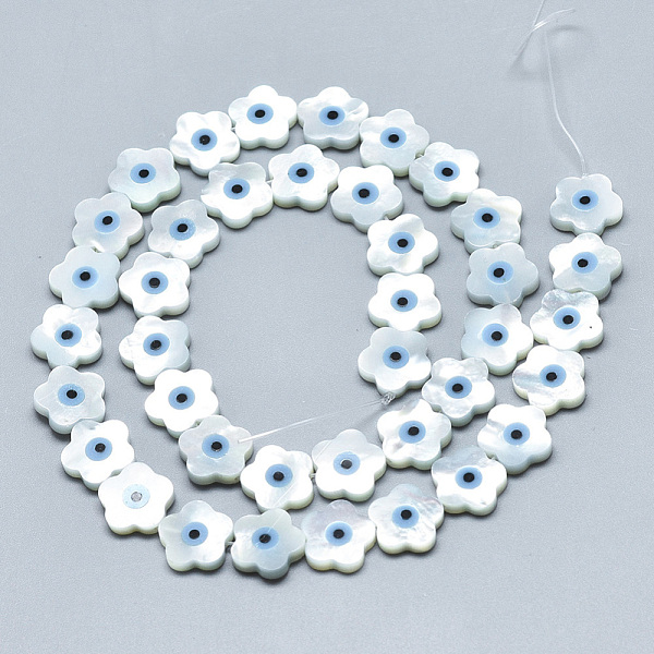 

PandaHall Natural White Shell Mother of Pearl Shell Beads, with Natural Turquoise, Flower with Evil Eye, Deep Sky Blue, 10x10x2mm, Hole...