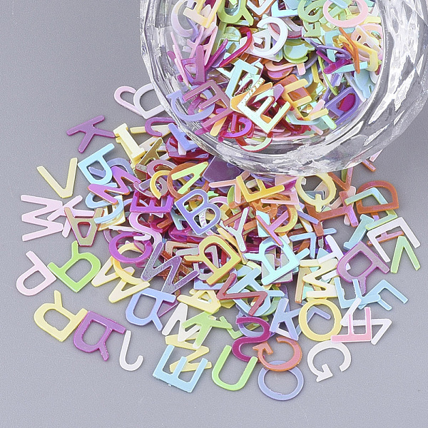 

PandaHall Ornament Accessories, PVC Plastic Paillette/Sequins Beads, No Hole/Undrilled Beads, Mixed Letters, Mixed Color, 3.5~6x2~6x0.4mm..., Multicolor
