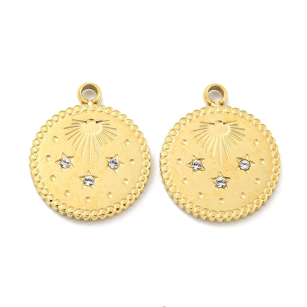 

PandaHall Vacuum Plating 304 Stainless Steel Pendants, with Crystal Rhinestone, Flat Round with Star/Sun Charms, Real 18K Gold Plated..., Clear