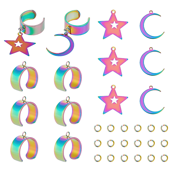 

PandaHall Unicraftale Charms Open Ring Making Kit, Including Ion Plating(IP) 201 Stainless Steel Star & Moon Pendants & Cuff Ring Findings...
