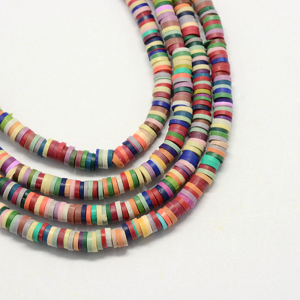 

PandaHall Handmade Polymer Clay Beads, Disc/Flat Round, Heishi Beads, Mixed Color, 5x1mm, Hole: 2mm, about 380~400pcs/strand, 17.7 inch..., Multicolor