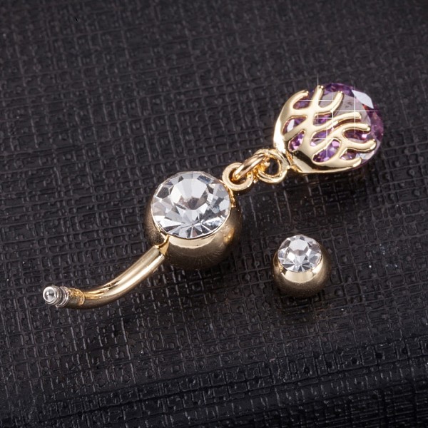 

PandaHall Piercing Jewelry, Brass Cubic Zirconia Navel Ring, Belly Rings, with 304 Stainless Steel Bar, Cadmium Free & Lead Free, Real 18K..., Purple