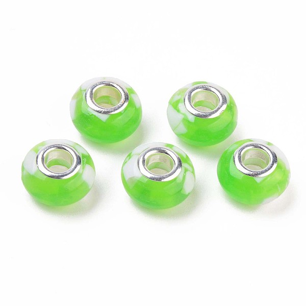 

PandaHall Resin European Beads, Large Hole Beads, with Platinum Plated Tone Brass Double Cores and Shell, Rondelle, Lawn Green, 13.5x8mm...