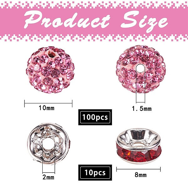 

PandaHall 100Pcs Polymer Clay Rhinestone Round Beads, with 10Pcs Brass Rhinestone Spacer Beads, Light Rose, PP13(1.9~2mm), 6 Rows Rhinestone..., Pink