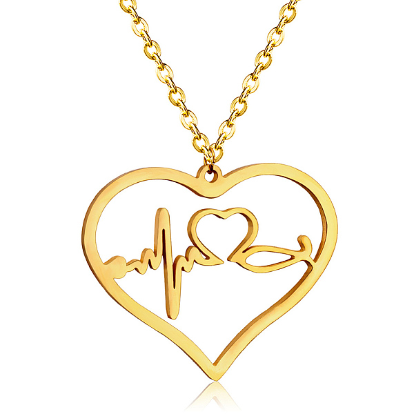 

PandaHall SHEGRACE Stainless Steel Pendant Necklaces, with Lobster Claw Clasps and Cable Chains, Heart with Heartbeat, Real 18K Gold Plated...
