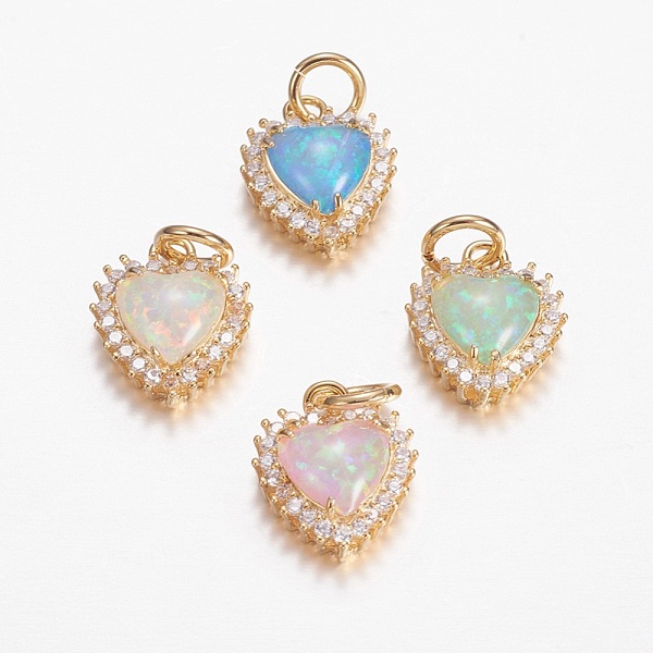

PandaHall Brass Micro Pave Cubic Zirconia Charms, with Synthetic Opal, Heart, Golden, Mixed Color, 14x11.5x5mm, Hole: 4mm Brass+Cubic..., Multicolor