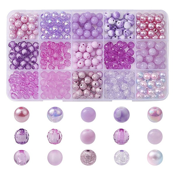 

PandaHall 375Pcs 15 Styles Acrylic Beads, Round, Violet, 7.5~8mm, Hole: 1.5~2mm, 25pcs/style Acrylic Round Purple