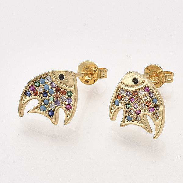 

PandaHall Brass Micro Pave Cubic Zirconia Stud Earrings, with Ear Nuts/Earring Back, Fish, Colorful, Golden, 10x10.5mm, Pin: 1mm Cubic...