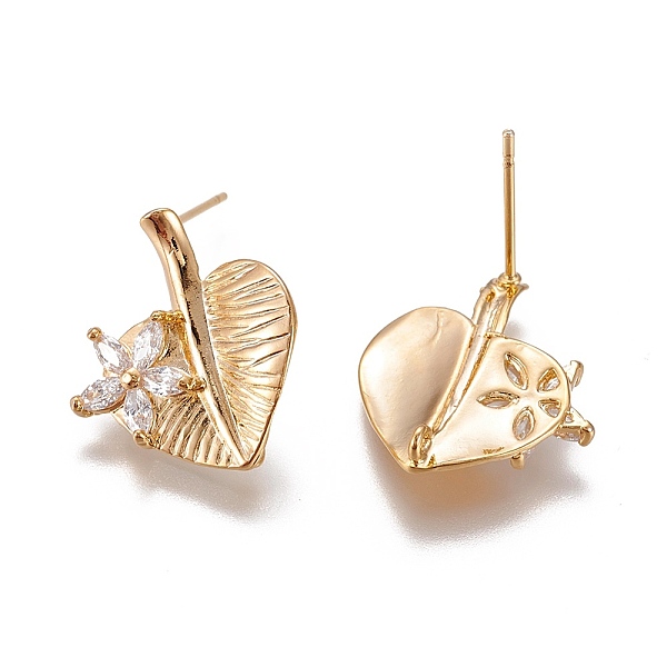 

PandaHall Brass Micro Pave Cubic Zirconia Ear Stud Components, with Loop, Heart Leaf, Long-Lasting Plated, Nickel Free, Real 18K Gold Plated...