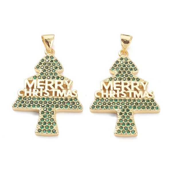 

PandaHall Brass Micro Pave Cubic Zirconia Pendants, Long-Lasting Plated, Real 18K Gold Plated, Christmas Tree with Word Merry Christmas..., Green