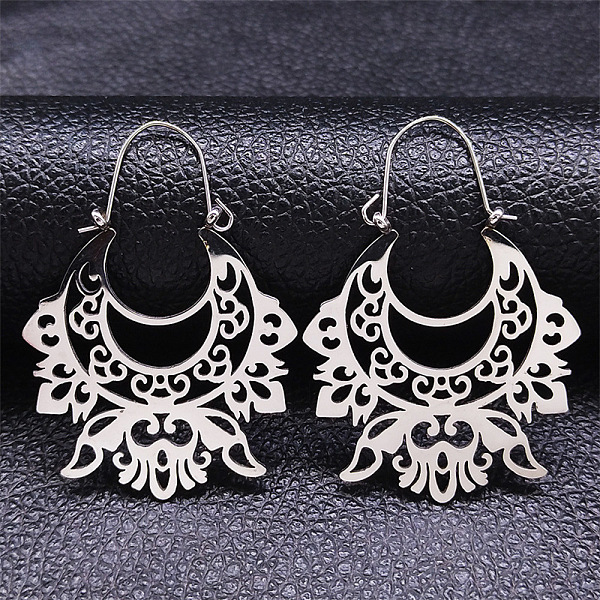 

PandaHall 304 Stainless Steel Hollow Hoop Earrings, Bohemia Theme Earrings, Stainless Steel Color, 49x34x1mm 304 Stainless Steel