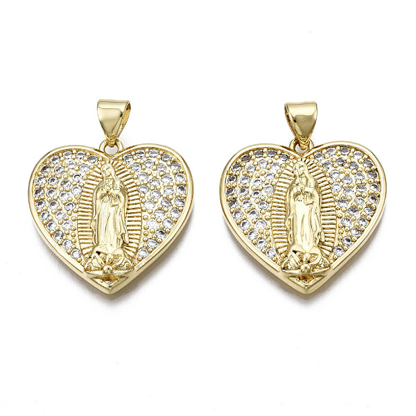 

PandaHall Brass Micro Pave Clear Cubic Zirconia Pendants, Lady of Guadalupe Charms, Nickel Free, Heart with Virgin Mary, Real 16K Gold...