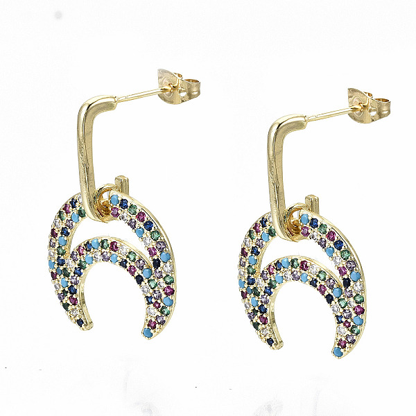 

PandaHall Brass Micro Pave Cubic Zirconia Dangle Stud Earrings, with Earring Backs, Nickel Free, Moon, Real 16K Gold Plated, Colorful, 30mm...