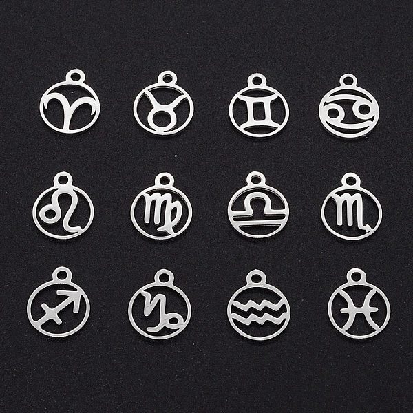 

PandaHall 201 Stainless Steel Charms, Laser Cut, Ring with 12 Constellations, Stainless Steel Color, 13x10.5x1mm, Hole: 1.6mm, 12pcs/set 201...