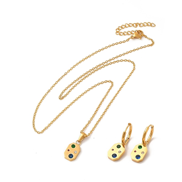 

PandaHall Colorful Rhinestone Octogon Dangle Hoop Earring & Pendant Nacklace, Vacuum Plating 304 Stainless Steel Jewelry Set for Women..., Multicolor