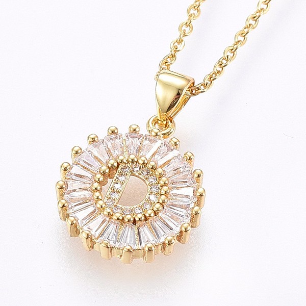 

PandaHall 304 Stainless Steel Initial Pendant Necklaces, with Cubic Zirconia, Flat Round with Letter, Golden, Letter.D, 17.71 inch(45cm)..., Clear