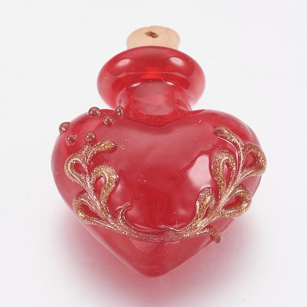 PandaHall Handmade Lampwork Perfume Bottle Pendants, Essential Oil Bottle, with Gold Sand, Heart, Red, 25~27x23x12mm, Bottle Capacity...