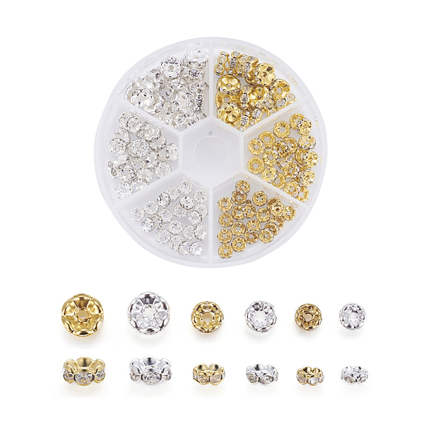 

PandaHall Brass Rhinestone Spacer Beads, Grade A, Wavy Edge, Rondelle, Golden & Silver, Crystal, 5~8x2.5~3.8mm, Hole: 1mm, 120pcs/box..., Clear