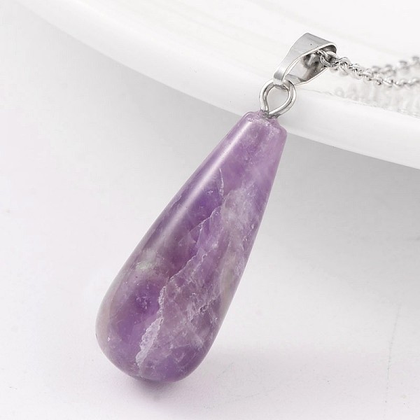 

PandaHall Teardrop Platinum Tone Brass Amethyst Pendants, 30~32x10mm, Hole: 5x8mm Amethyst Teardrop