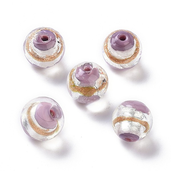 

PandaHall Handmade Silver Foil Lampwork Beads, with Gold Sand, Round, Thistle, 12x11mm, Hole: 1.8mm Silver Foil Round Purple