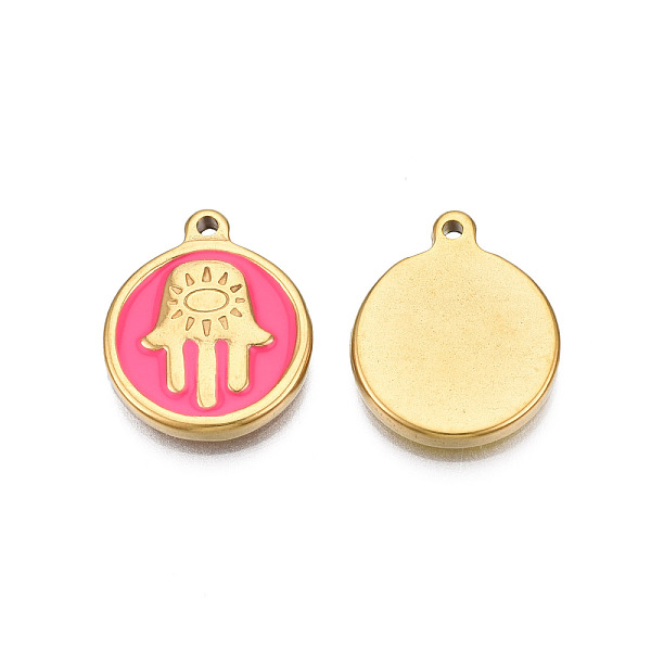 

PandaHall 304 Stainless Steel Enamel Pendants, Real 18K Gold Plated, Flat Round with Hamsa Hand, Hot Pink, 18x15x2.5mm, Hole: 1.2mm...