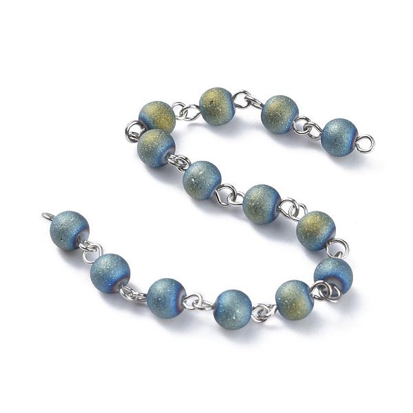 

PandaHall Handmade Electroplated Glass Beaded Chains, with Iron Eye Pin, Round, Unwelded, Platinum, Green, 39.37 inch(100cm), Link: 13x6x6mm...
