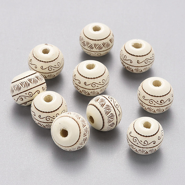 

PandaHall Painted Natural Wood Beads, Laser Engraved Pattern, Round with Leave Pattern, Creamy White, 10x9mm, Hole: 2.5mm Schima Wood Round