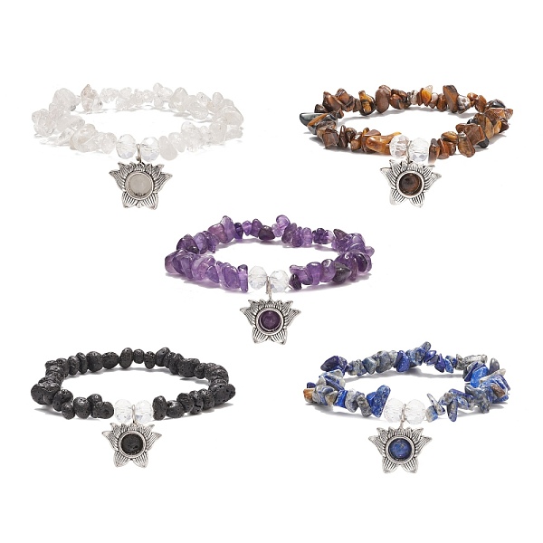 

PandaHall Natural Gemstone Chips Stretch Bracelet with Alloy Lotus Charms for Men Women, Inner Diameter: 2~2-1/8 inch(5.1~5.4cm) Mixed Stone