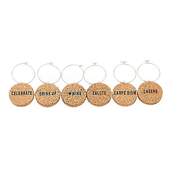 

PandaHall Cork Wine Glass Charms, with Iron Hoop Earrings, Flat Round with Word, Tan, 50mm, 6pcs/set Iron Orange