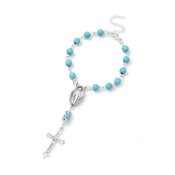 

PandaHall Alloy Cross Charm Bracelets, Synthetic Turquoise Rosary Beaded Style Bracelet, 7-1/8~7-1/4 inch(18.1~18.4cm) Synthetic Turquoise...