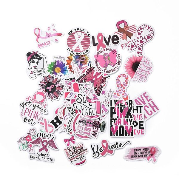 PandaHall Cartoon Breast Cancer Awareness Ribbon Paper Stickers Set, Adhesive Label Stickers, for Water Bottles, Laptop, Luggage, Cup...