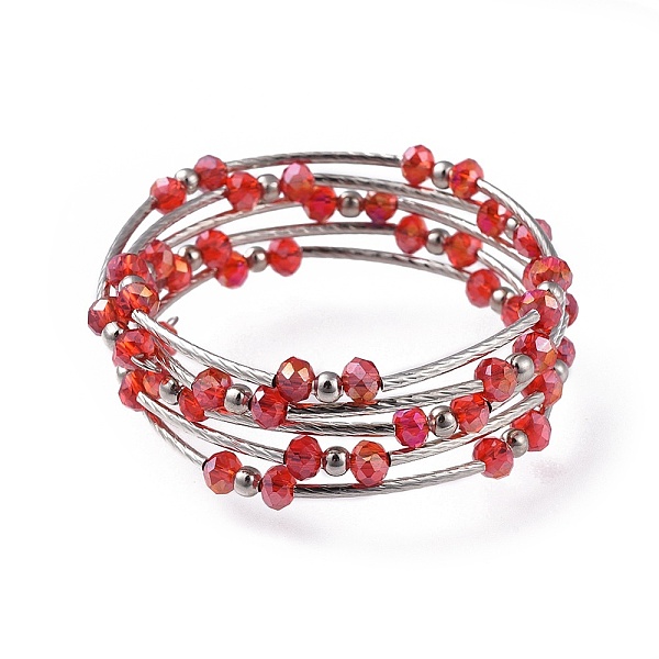 

PandaHall Five Loops Fashion Wrap Bracelets, with Rondelle Glass Beads, Iron Spacer Beads, Brass Tube Beads and Steel Memory Wire, Platinum..., Red