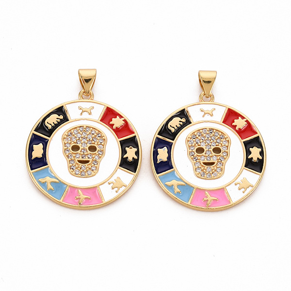 

PandaHall Brass Micro Pave Clear Cubic Zirconia Pendants, with Enamel, Cadmium Free & Nickel Free & Lead Free, Flat Round with Skull, Real...