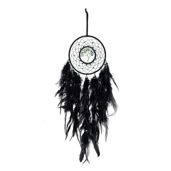 PandaHall Iron & Brass Wire Woven Web/Net with Feather Pendant Decorations, with Plastic Beads, Covered with Leather and Velvet Cord, Flat...
