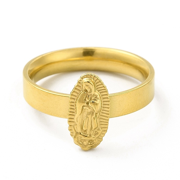 

PandaHall Vacuum Plating 304 Stainless Steel Oval with Virgin Mary Finger Ring for Women, Golden, US Size 8 1/2(18.5mm) 304 Stainless Steel