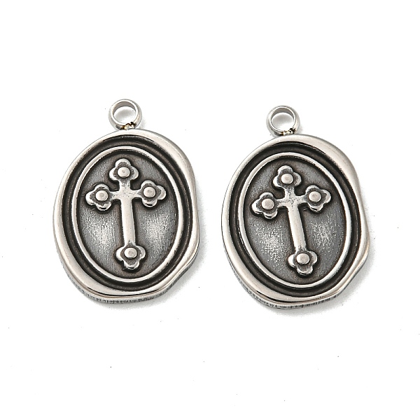

PandaHall 304 Stainless Steel Pendants, Oval with Cross Charms, Antique Silver, 18.5x12.5x1.5mm, Hole: 1.8mm 304 Stainless Steel Oval