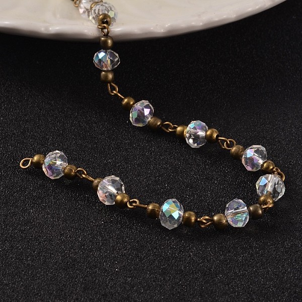 

PandaHall Handmade Glass Beaded Chains for Necklaces Bracelets Making, with Brass Beads and Brass Eye Pin, Unwelded, Clear AB, 39.3 inch..., White