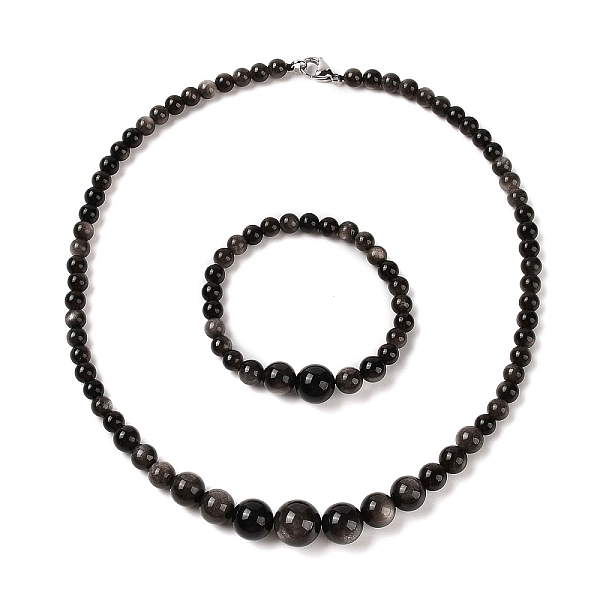 Natürliche Silber Obsidian Runde Perlen Armbänder & Halsketten Sets