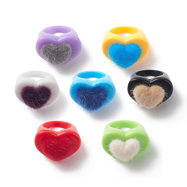 

PandaHall Faux Mink Cobered Heart Finger Ring, Acrylic Wide Ring for Women Girl, Mixed Color, US Size 7 1/4(17.5mm) Alloy+Acrylic Multicolor
