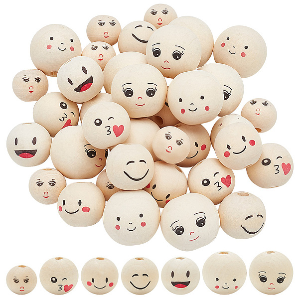 

PandaHall 38Pcs 7 Styles Round Printed Wood Beads, Smiling Face Print Large Hole Beads, Undyed, BurlyWood, 19.5~30x18~27.5mm, Hole..., Orange
