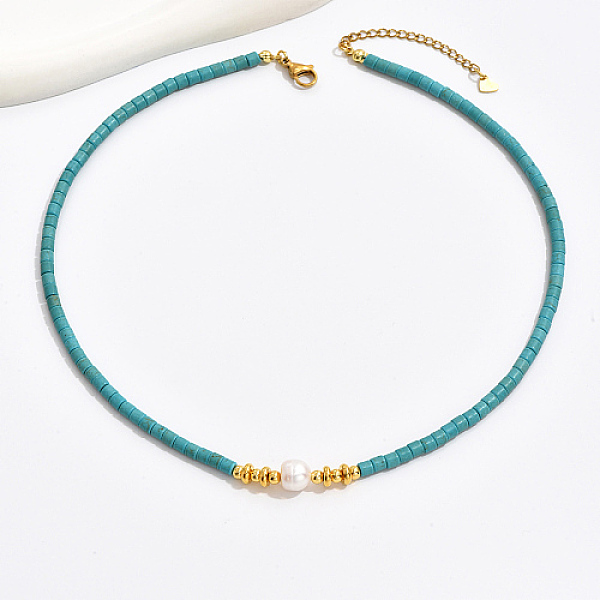 Colonne Turquoise Synthétique Et Collier De Perles Naturelles