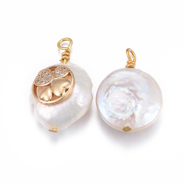 

PandaHall Natural Cultured Freshwater Pearl Pendants, with Brass Micro Pave Cubic Zirconia Findings, Nuggets with Clover, Golden, Clear...