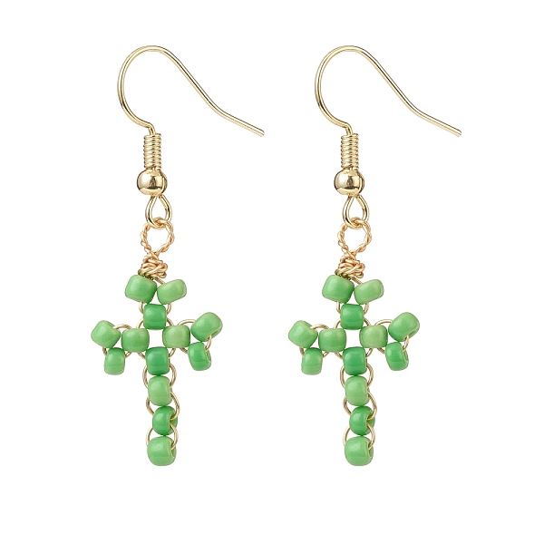 

PandaHall Glass Seed Braided Cross Dangle Earrings, Gold Plated Brass Wire Wrap Jewelry for Women, Lime, 42.5mm, Pin: 0.5mm Glass Green