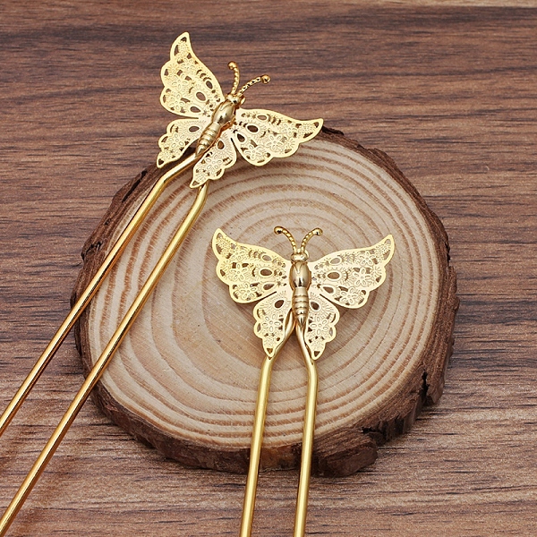 

PandaHall Brass Hair Fork Findings, with Butterfly Filigree Findings, Golden, 135x12x2mm Brass