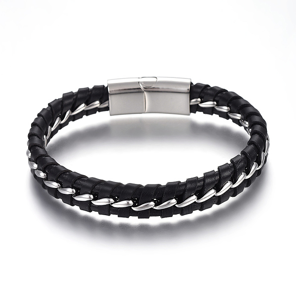 

PandaHall Leather Cord Bracelets, with 304 Stainless Steel Magnetic Clasps, Black, Stainless Steel Color, 9 inch(22.8cm), 11.5mm Leather...