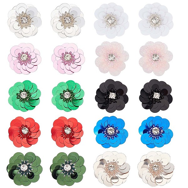 PandaHall GORGECRAFT 20PCS 30mm Sequin Flowers Beading Applique 10 Colors Crystal Beaded Sewing on Cloth Patches Rhinestones Garment...